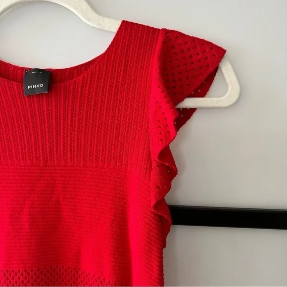 [S] Pinko Italian Luxury Viscose Knit Tank with Ruffle Edge in Candy Apple Red - Picture 7 of 11